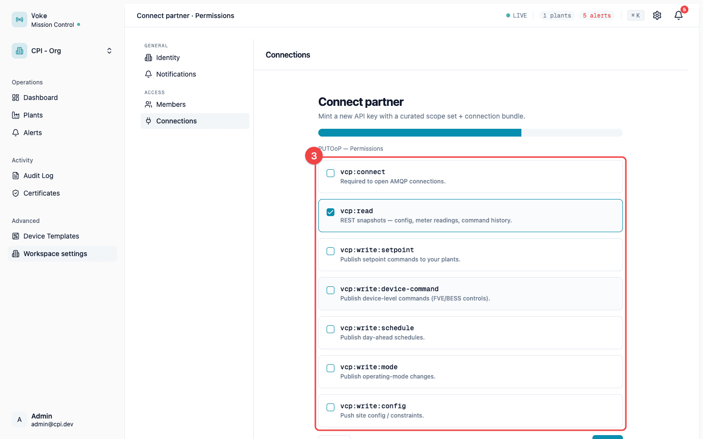 Permissions step with all seven scope cards visible