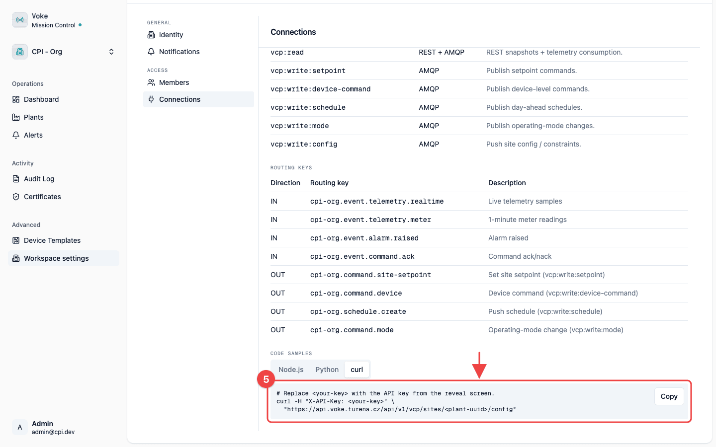 Quickstart tab with a curl example sending X-API-Key