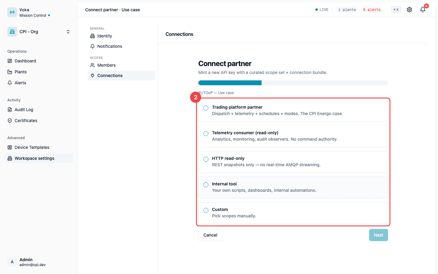 Connect partner wizard, Use case step with five preset radios
