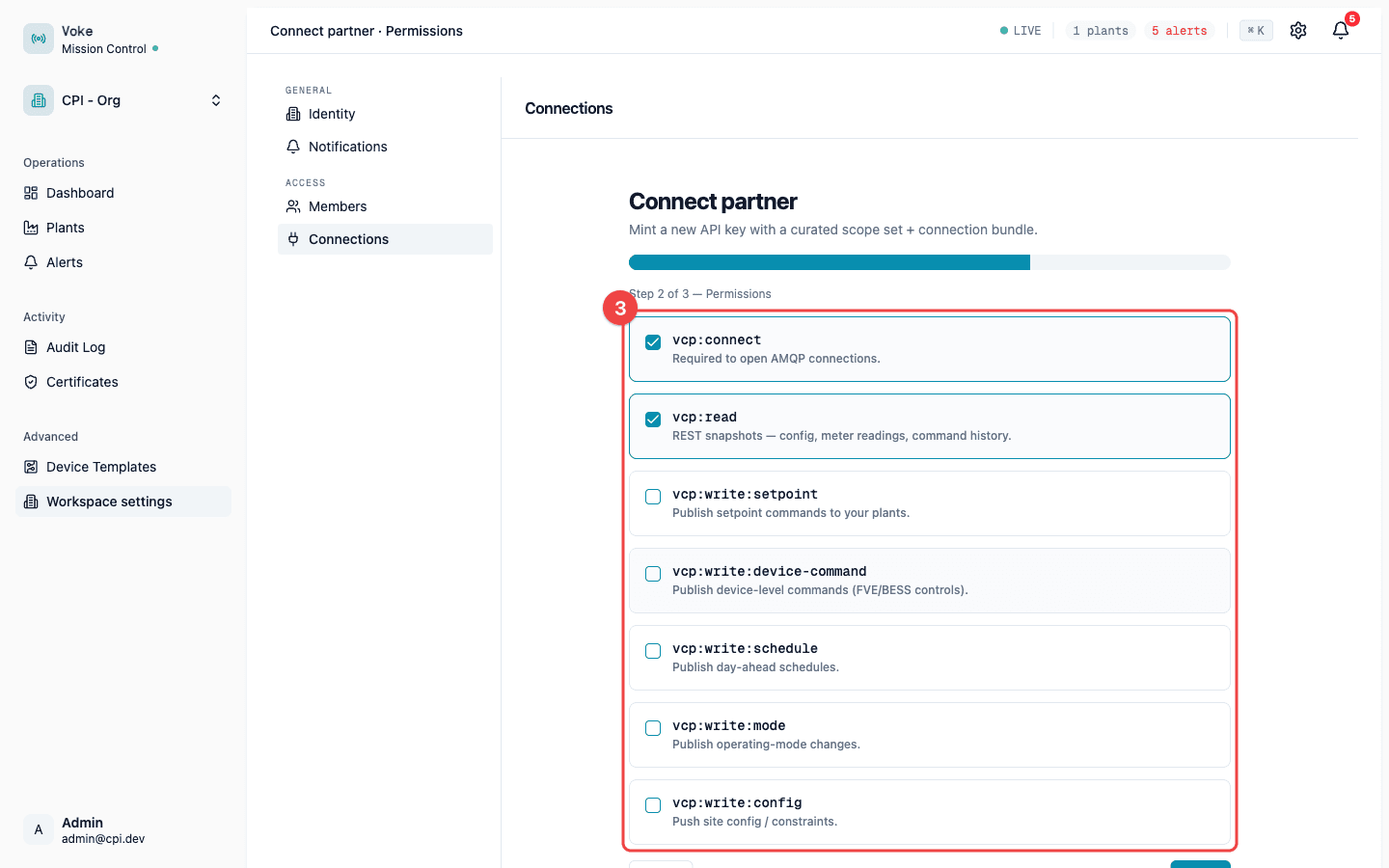 Permissions step with vcp:connect and vcp:read pre-checked by the Telemetry consumer preset