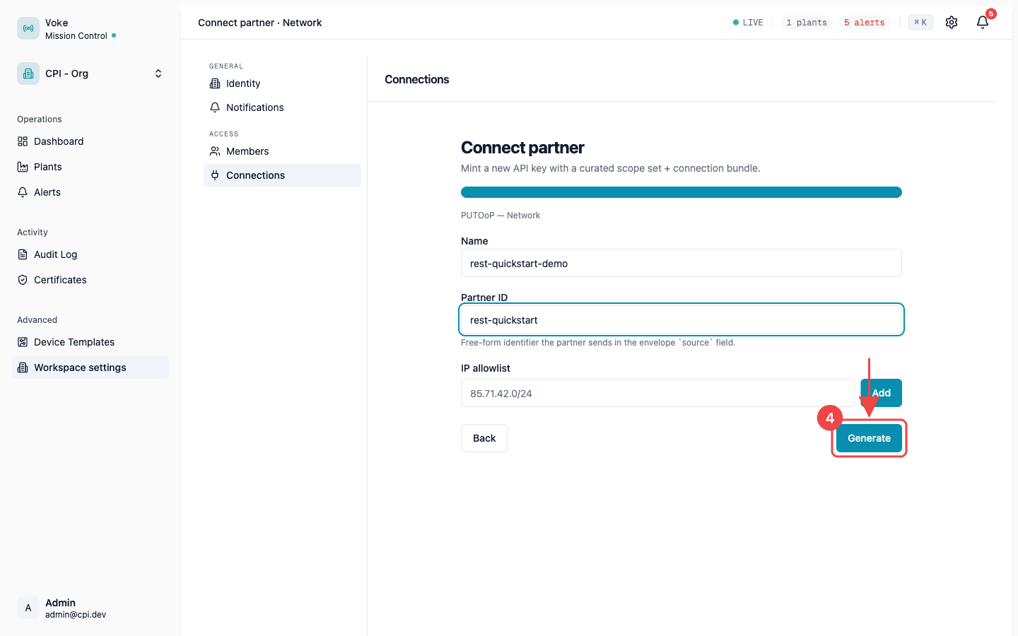 Connect partner wizard, Network step with name and partner ID filled in