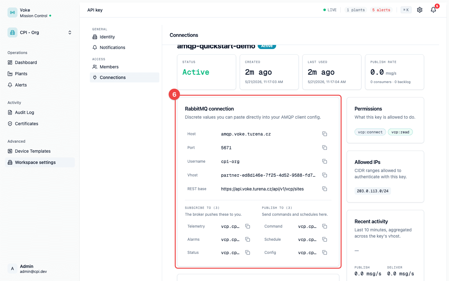 API key detail page showing the RabbitMQ connection card with host, port, username, vhost, REST base URL, and the six queue names